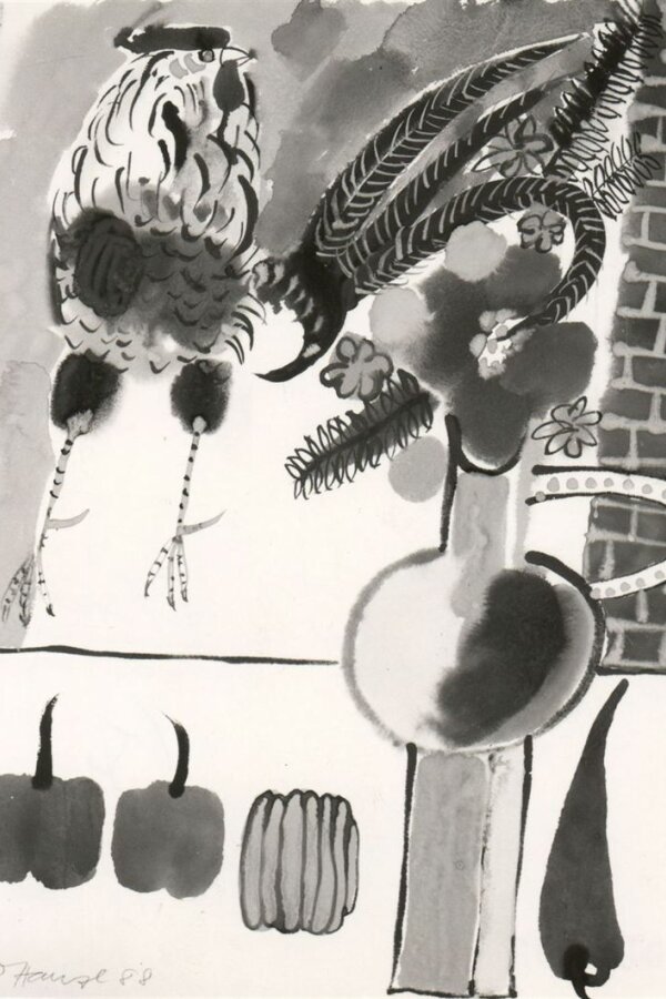 Oldřich Hanzl, Kompozice s kohoutem, 1988, akvarel